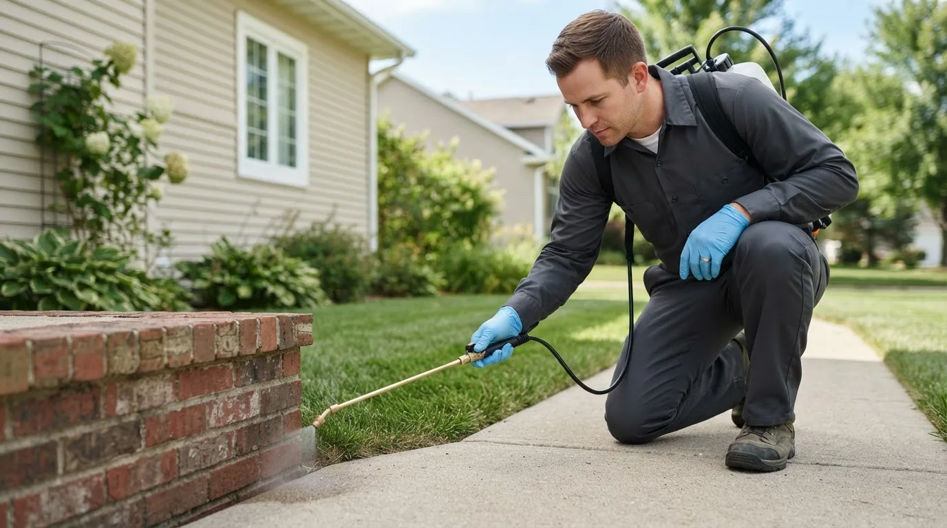 Pest control technician treating a home near Wright, KS